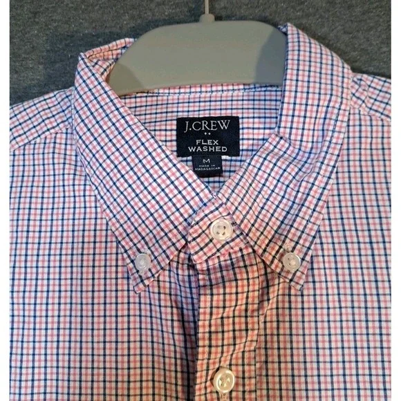 J Crew Flex Washed Mens Medium Red Blue White Micro Check Button Down Shirt M - Picture 2 of 3